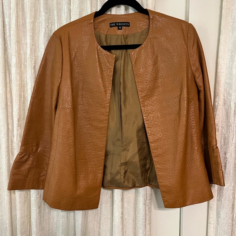 Elegant Size 10 Camel/Tan Textured Leather Blazer